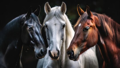 Obraz premium striking scene of a white horse standing prominently in the foreground, surrounded by a group of black horses. The background is shrouded in mist, creating a dramatic atmosphere.