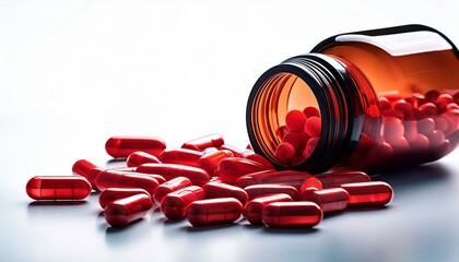 Red pills spilling out of a bottle.