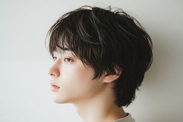 Side profile of thoughtful young Asian man with messy hair against white background