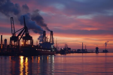 Fototapeta premium Industrial port emitting smoke at sunset with cargo ships reflecting in the water