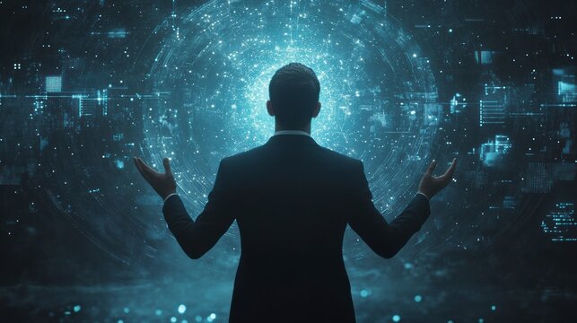 Businessman presenting digital data globe visualization