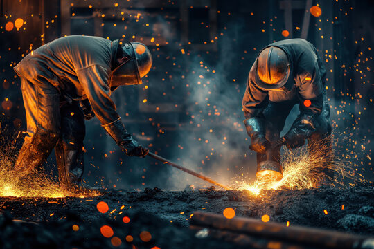 Two unrecognizable workers wearing protective gear are using a blowtorch in a foundry with sparks flying in the air