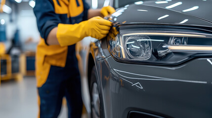 Close-up of a worker in protective gloves and uniform polishing the headlight of a grey car. The workshop background indicates a professional auto detailing service.