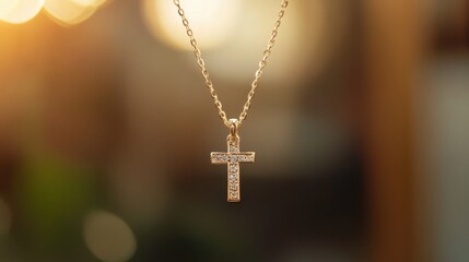A gold cross necklace with diamonds on it