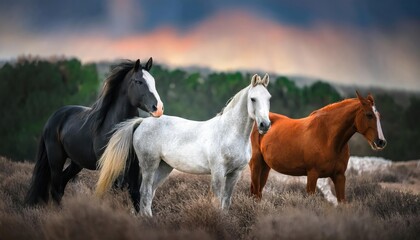 Obraz premium striking scene of a white horse standing prominently in the foreground, surrounded by a group of black horses. The background is shrouded in mist, creating a dramatic atmosphere.
