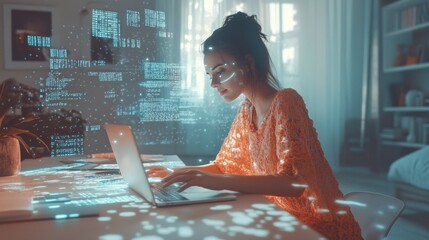 Software developer working from home using laptop with augmented reality display