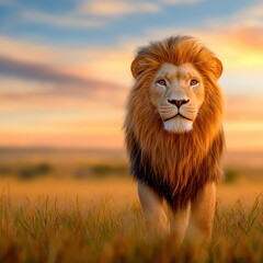 Wild Serenity: Majestic Lion in Golden Savanna at Sunset