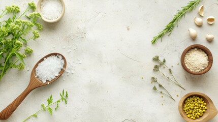 Top view photo for advertising purposes. Skin-refining salt, a thick product, packaged in a jar, containing natural ingredients and decorated around with natural ingredients and flowers.