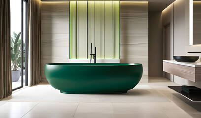 Modern Bathroom with Luxurious Green Bath Tub | Vibrant Focal Point, Minimalist Design, Light Tiles, Floating Vanity, Large Windows, Ambient Lighting, and Light Green Curtains