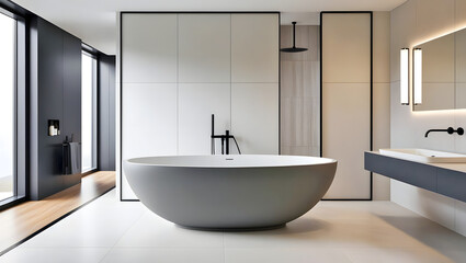 Elegant Minimalistic Modern Bathroom Design with Gray Color Bath ware |  Light Tiles, Floor-Mounted Faucet, and Floating Vanity | Contemporary Aesthetic with Natural Light and Neutral-Toned Finishes