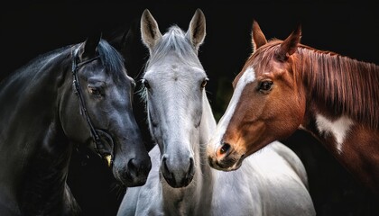 Obraz premium striking scene of a white horse standing prominently in the foreground, surrounded by a group of black horses. The background is shrouded in mist, creating a dramatic atmosphere.