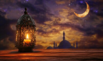 Ramadan lanterns illuminate the night. Islamic greetings for Muslim holidays. Crescent moon and stars.