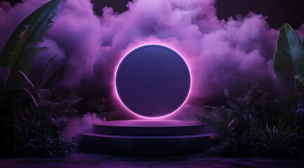 Mystical illuminated podium with a glowing circular frame set in a colorful jungle backdrop, perfect for promotional events, product showcases, or captivating visual content