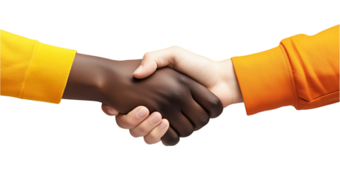 two people shaking hands, one person has a darker skin tone, and the other has a lighter skin tone, a symbol of unity or agreement, isolated on a transparent or white background, cut-out, PNG