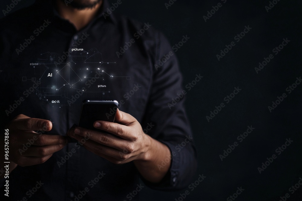 Poster image of a man using an ai phone to edit stock images, create translations, and search circles. stoc