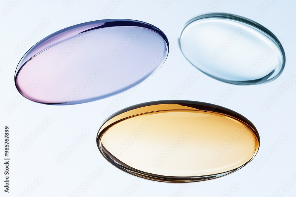 Poster three smooth oval-shaped glass pieces displaying soft gradient colors, creating a minimalistic and s