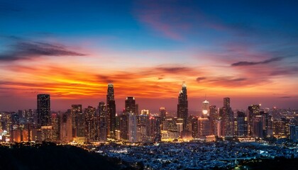 Obraz premium The city skyline glittered with lights as the sun dipped below the horizon, casting a colorful canvas against the evening sky.