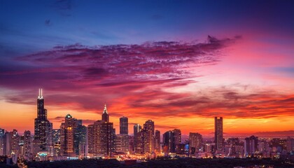 Fototapeta premium The city skyline glittered with lights as the sun dipped below the horizon, casting a colorful canvas against the evening sky.