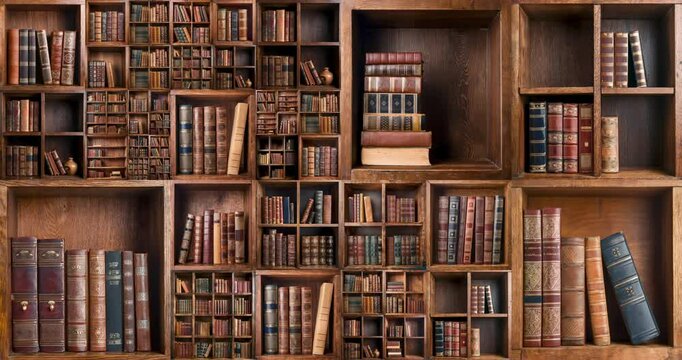 Old books mosaic loop. Library, knowledge, literature, learning concepts. AI images were used as design elements.