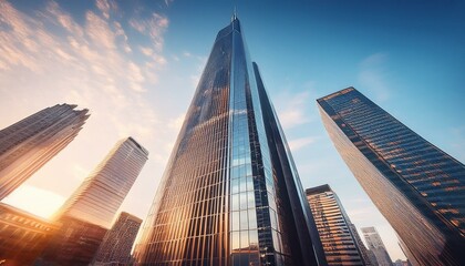 Fototapeta premium The skyscraper stands tall as a symbol of innovative architecture within the bustling urban landscape of the city.