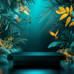 Stylized jungle background with a luxurious podium and a dynamic display of light and shadow, perfect for digital content, themed events, or promotional graphics