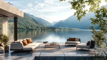 Fototapeta premium Luxurious Lakeside Terrace with High-End Outdoor Furniture and Serene Views