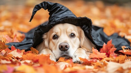 Playful Golden Retriever Dressed as Vampire in Cape for Halloween Costume Fun, Halloween , Generative AI