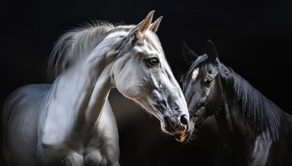 striking scene of a white horse standing prominently in the foreground, surrounded by a group of black horses. The background is shrouded in mist, creating a dramatic atmosphere.