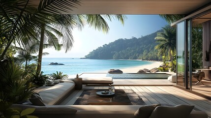 Fototapeta premium Luxurious Tropical Terrace with Breathtaking Beach Panorama
