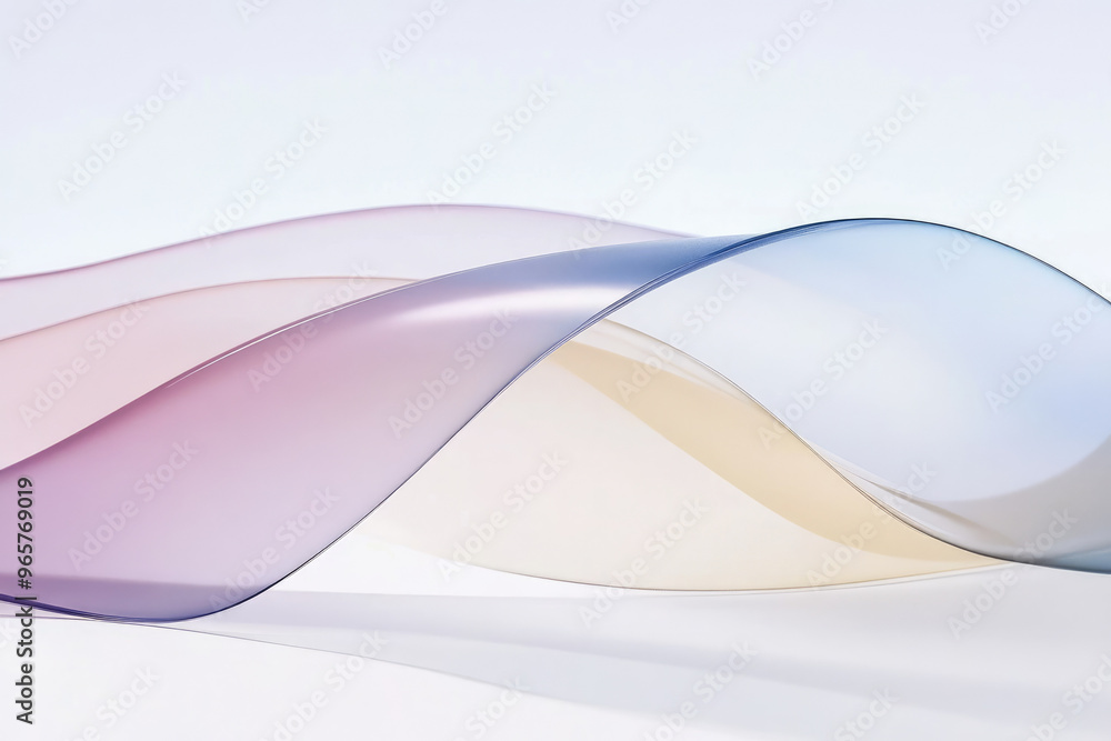 Poster digital abstract art featuring a flowing, translucent ribbon-like shape in soft hues, creating a sen