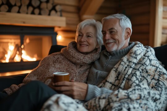 An affectionate senior couple, wrapped in warm sweaters and a blanket, sitting by the fireplace in a log cabin, holding a hot drink and smiling with satisfaction.