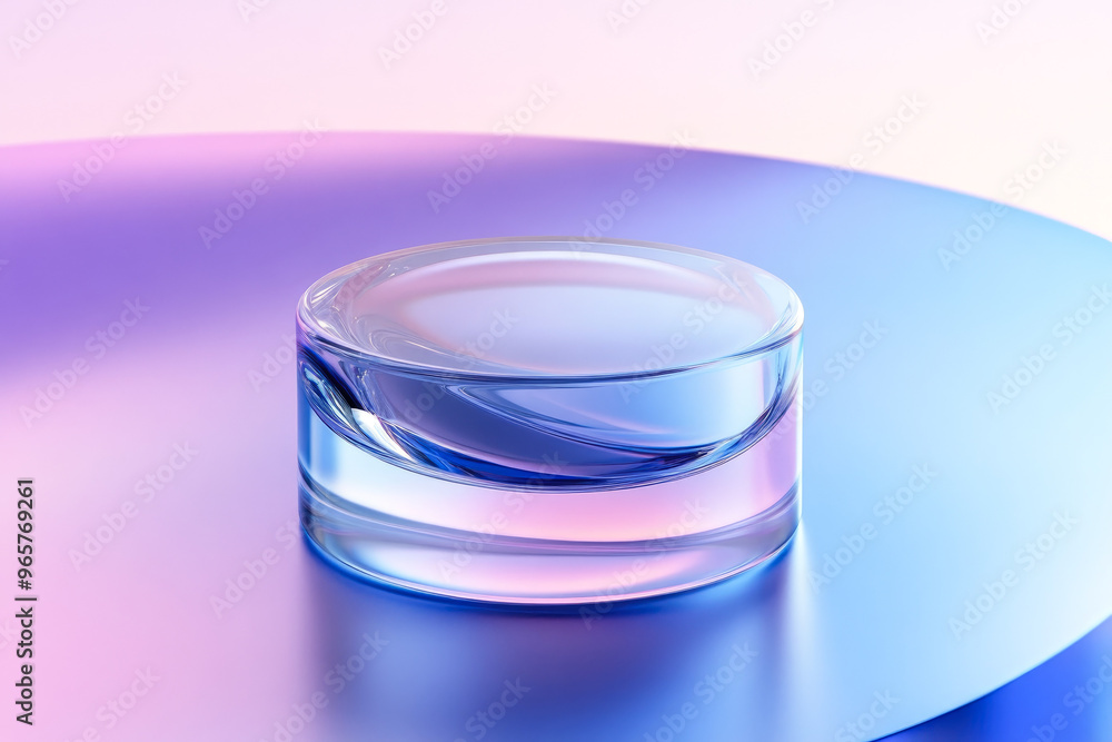 Poster a translucent, glass-like object sits on a gradient surface with reflective properties, exuding eleg