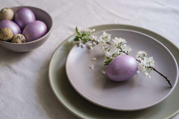 Pastel purple Easter eggs on a plate with a blossoming branch. Easter table setting idea