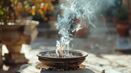 Smoke produced by burning incense in religious and spiritual practices symbolizes the offering of prayers or intentions.