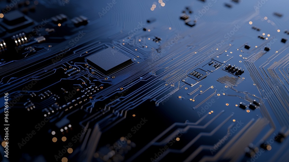 Poster microchip concept for stock and data networks. close-up image of modern chips with blue neon lights.
