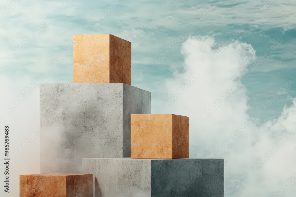Poster rising heights: a visual journey through abstract geometric blocks and ethereal backgrounds