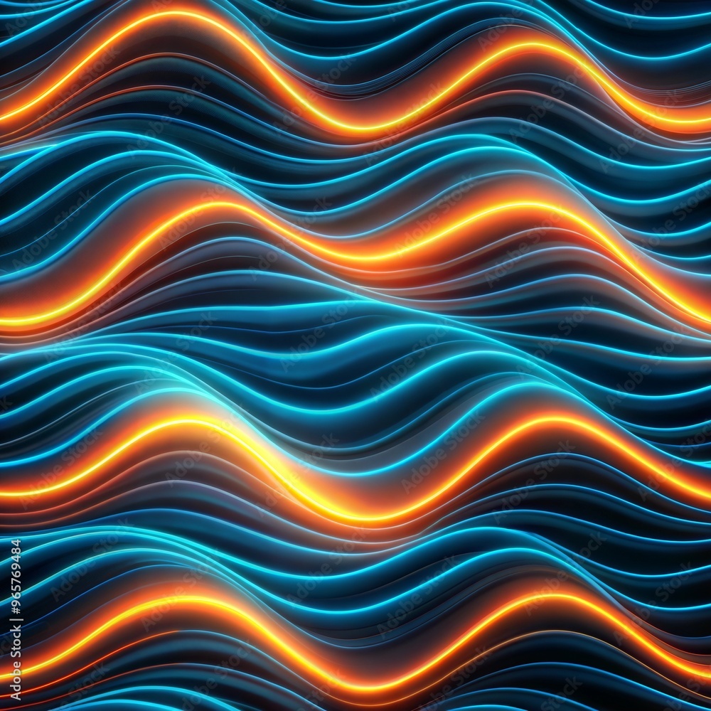 Wall mural dynamic wave pattern with glowing blue and orange lines on a dark background