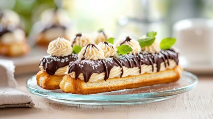 Experience the indulgence of luxurious eclairs filled with rich vanilla cream and elegantly topped with smooth chocolate ganache, all beautifully arranged on a stunning glass platter.