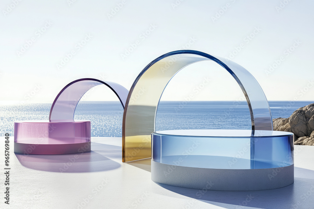 Aufkleber array of colorful arches and platforms artistically arranged with a breathtaking sea view in the bac