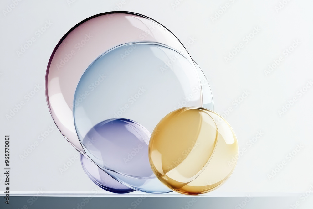 Poster linked bubbles of various colors and sizes interacting gracefully, creating a mesmerizing and harmon