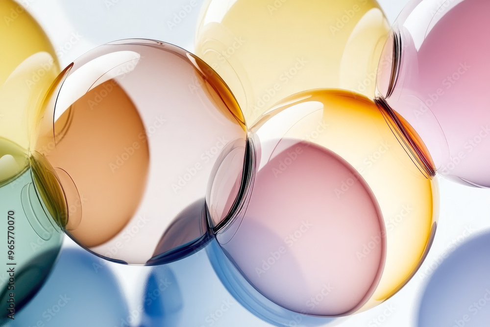 Poster cluster of vibrant translucent bubbles intertwined in a dynamic and fluid form, presenting a beautif
