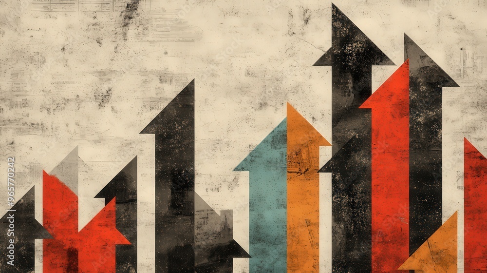 Poster dynamic representation of economic growth through vibrant arrow patterns in mixed colors