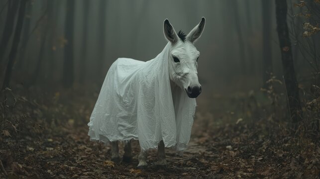Eerie Yet Amusing - Ghost Donkey Roaming the Haunted Farm in Disguise, Halloween , Generative AI