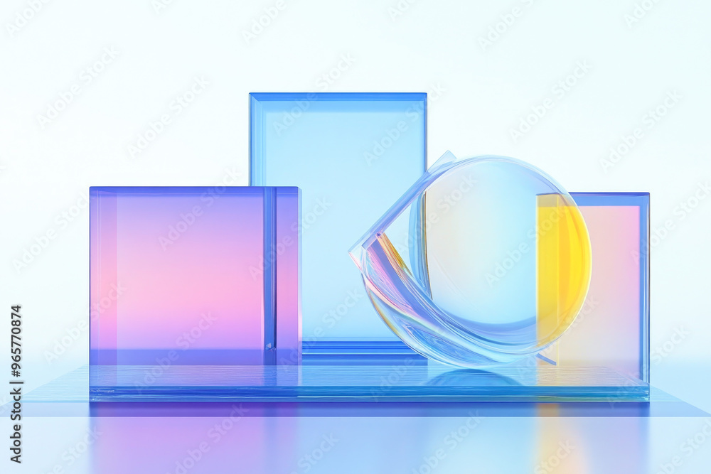 Poster an abstract image featuring transparent blocks and circular glass elements, creating a balanced and 
