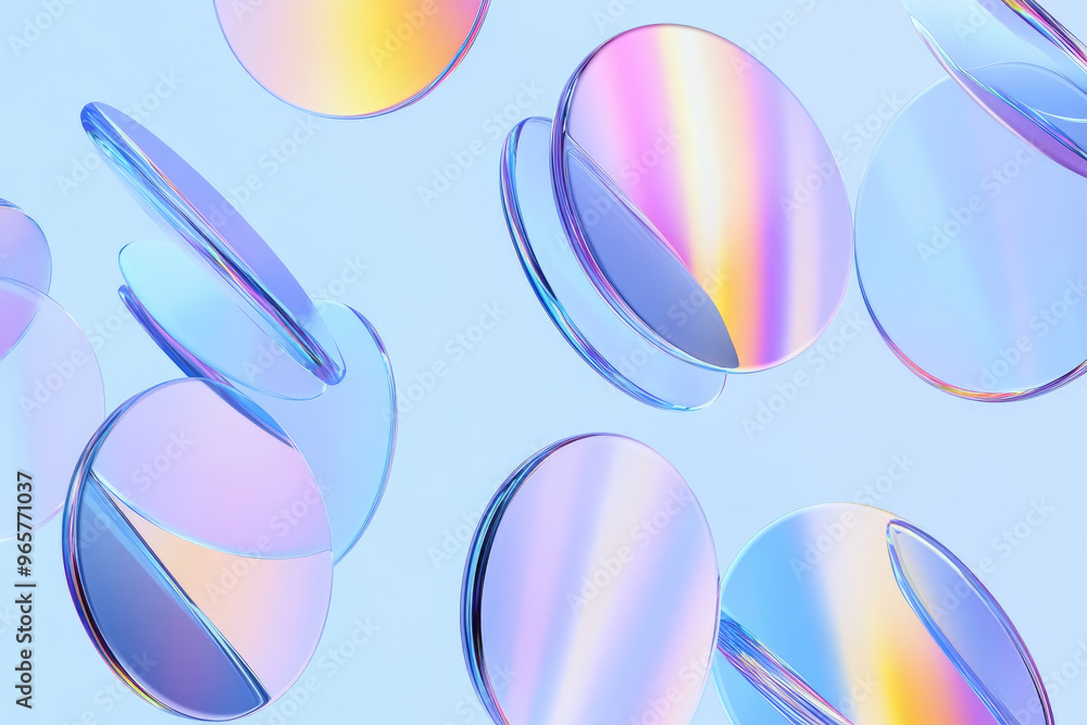 Poster floating translucent circles overlap and create mesmerizing color effects on a soothing blue backgro