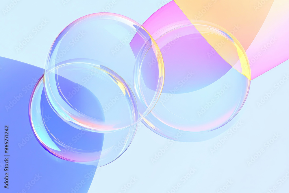 Poster overlapping translucent rings in radiant colors on a pastel background, creating abstract and artist