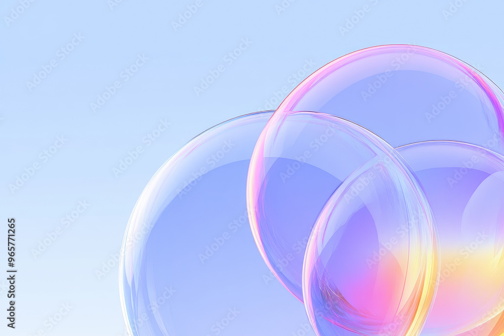 Poster translucent spheres in large sizes overlapping each other, creating colorful reflections and a dream