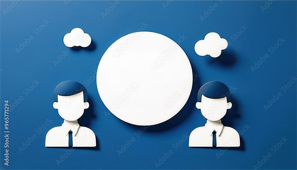 Poster illustration of two business professionals with a blank circle in the center and two clouds on a blu