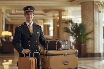 Hotel Bellhop with Luggage Trolley in Elegant Hotel Lobby  
