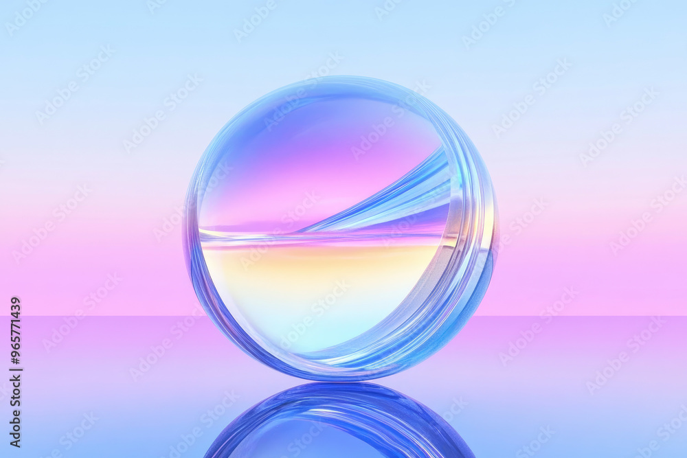 Poster a transparent orb with a gradient reflection resting on a reflective surface, highlighting its glowi